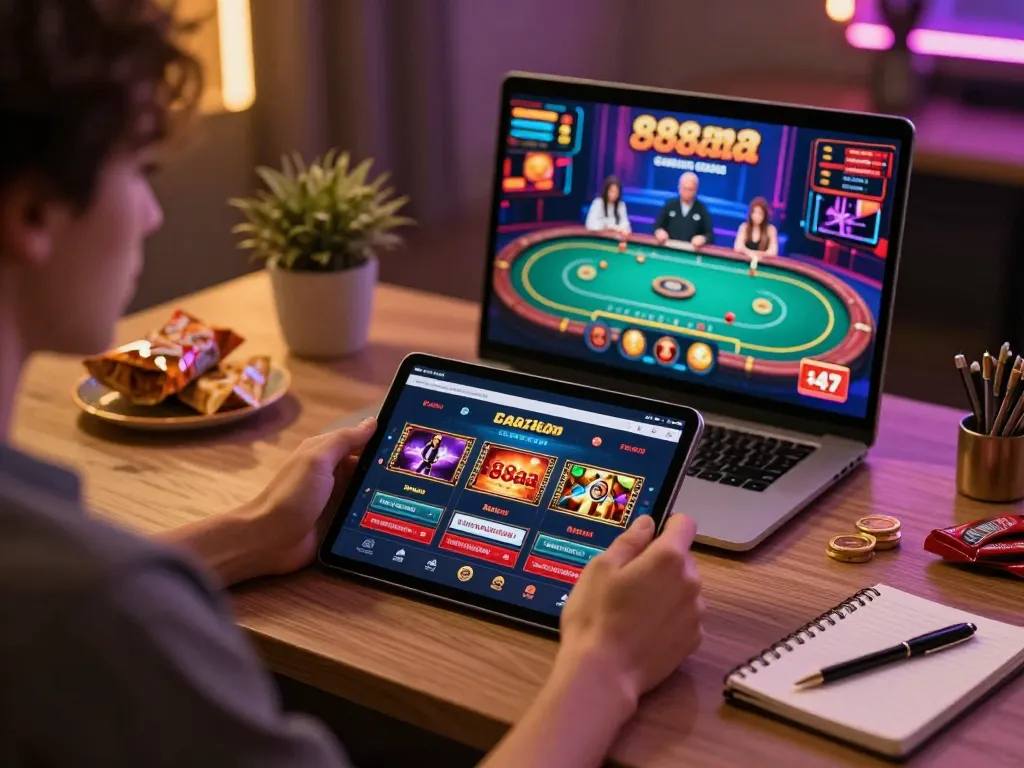 Engaging with 88aa casino app on tablet in cozy online gambling setting
