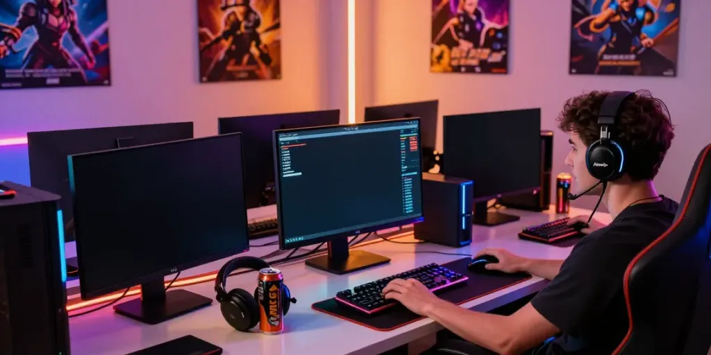An intense online gaming setup showcasing Akunjp slot gameplay with vibrant LED lights.