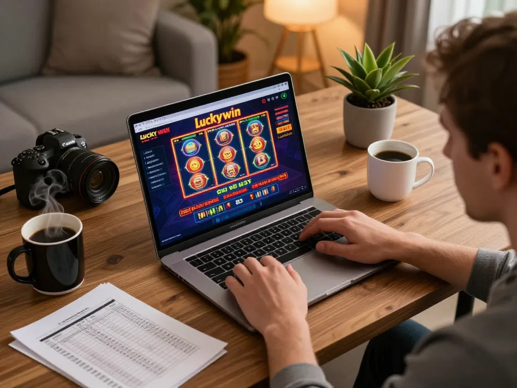 Engage with luckywin casino games from home, featuring dynamic online gaming setup with vibrant slot displays.