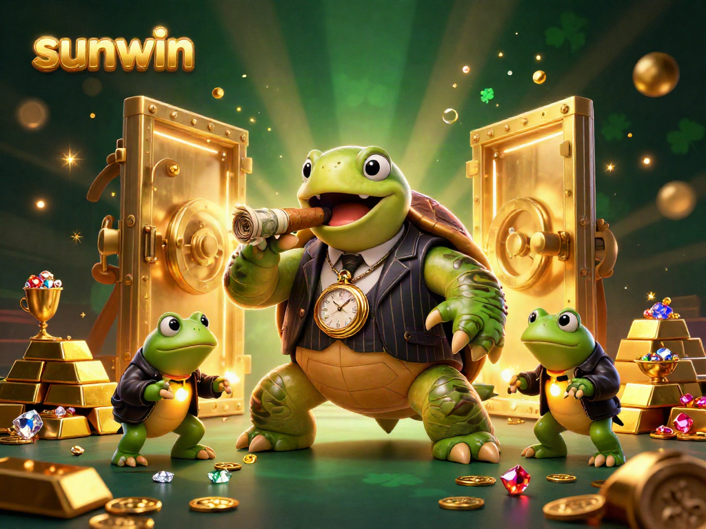 Experience thrilling gameplay with sunwin, showcasing a turtle mobster and bullfrog enforcers in a vibrant casino scene.