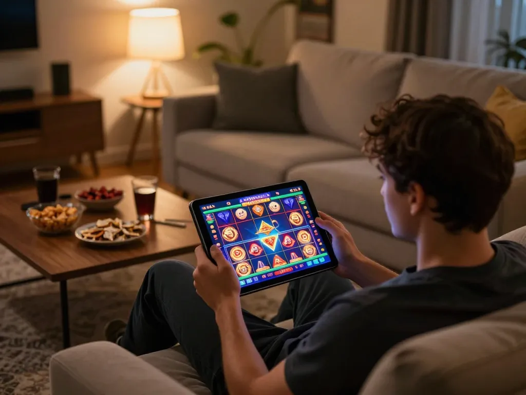 Engaging in a thrilling 88aa slot game on a tablet in a cozy living room setting