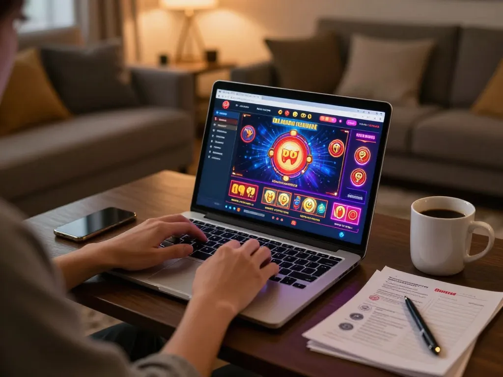 Player engages with online gaming interface at home while practicing responsible sun win strategies