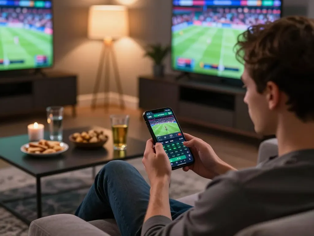 Soi kèo displayed on a mobile app as a person engages in live sports betting from a cozy sofa, creating a welcoming gaming atmosphere