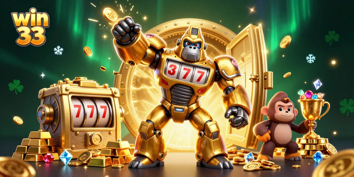 Experience the thrill of win 33 with a golden mech smashing through riches in this vibrant casino illustration.