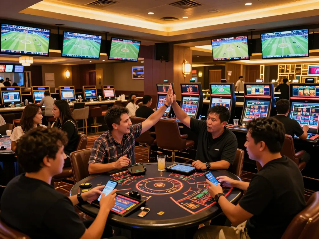 Betting on exciting sports events at f8beta2's vibrant lounge with multiple screens and enthusiastic gamers.