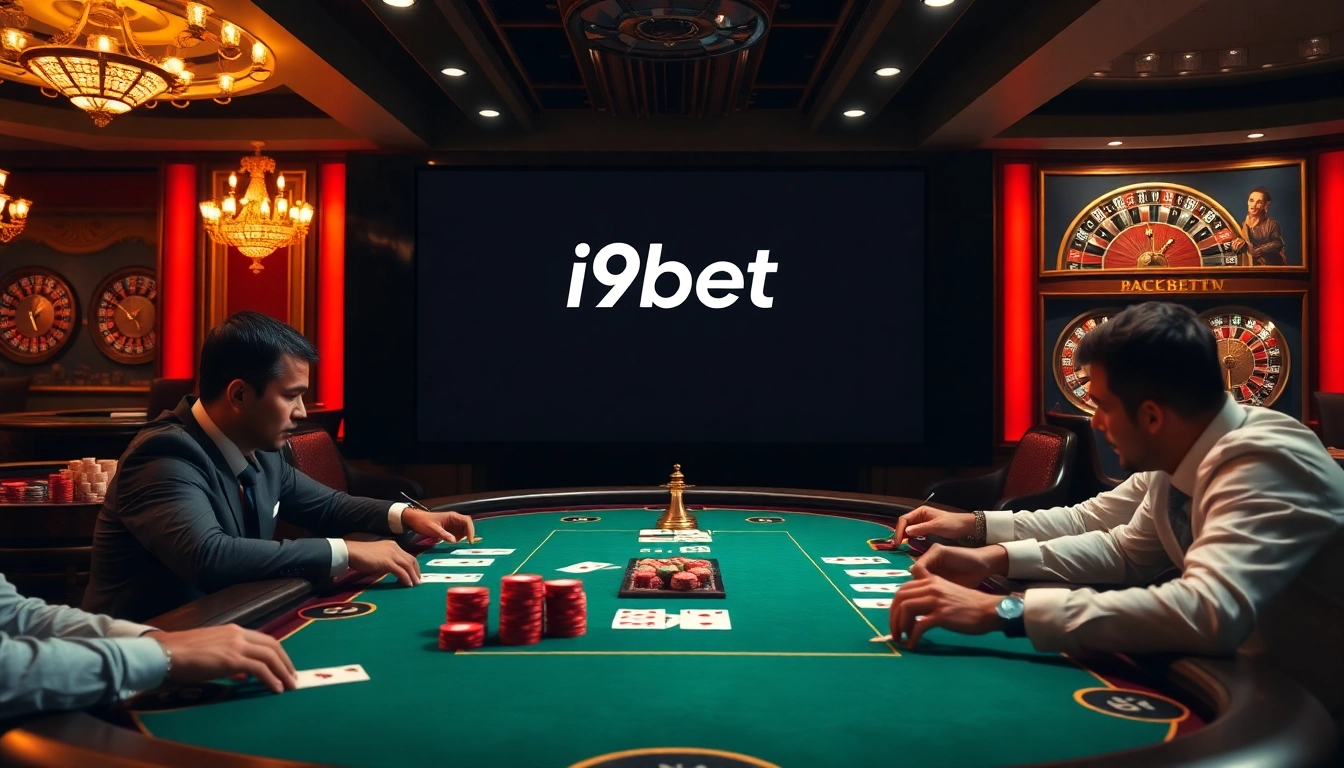 Exciting poker game at i9bet casino with vibrant chips and professional players.