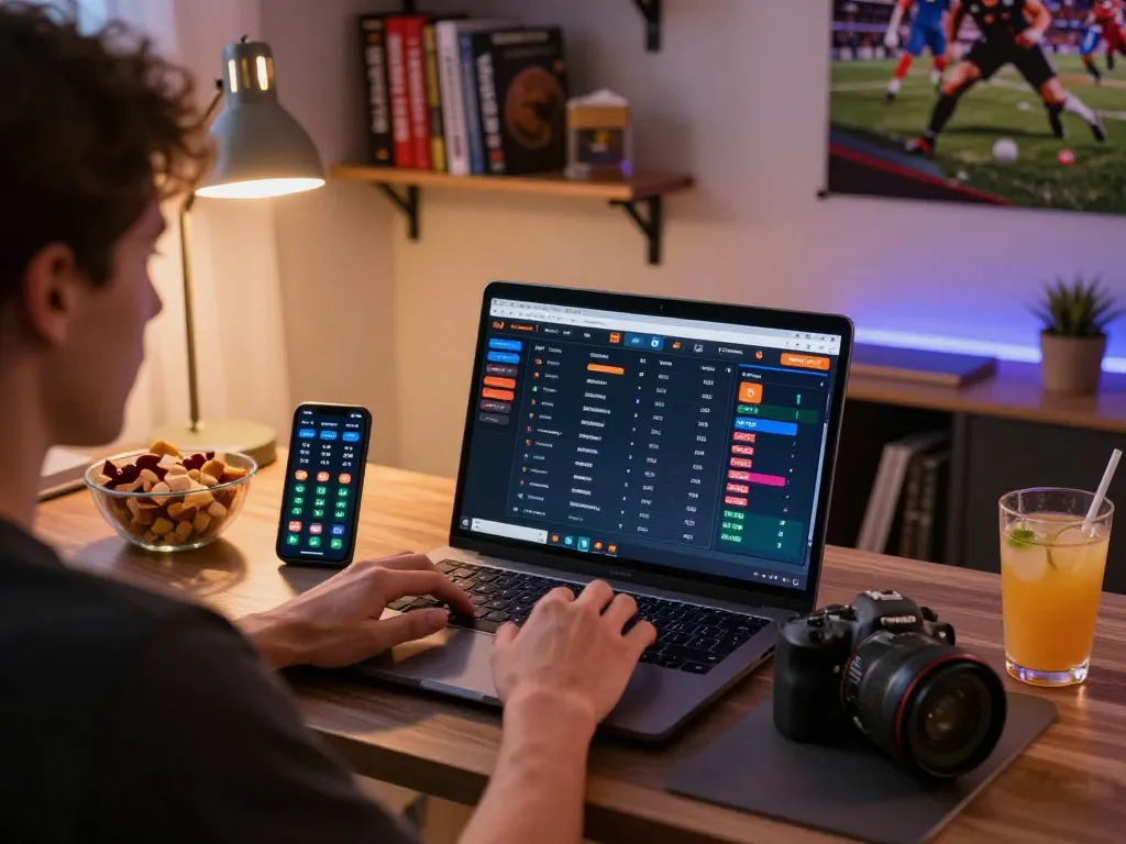 Engaging online sports betting scene on laptop at home, emphasizing uu88 experience and strategy