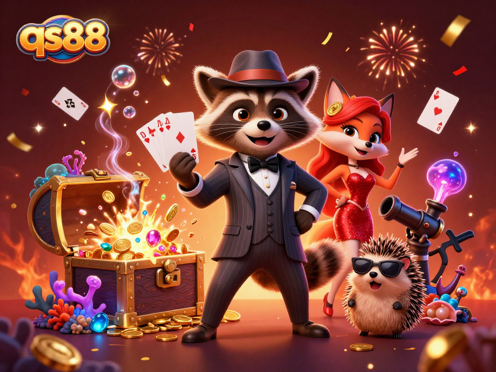 Experience thrilling gameplay at qs88 with lively characters in a vibrant casino-themed illustration.