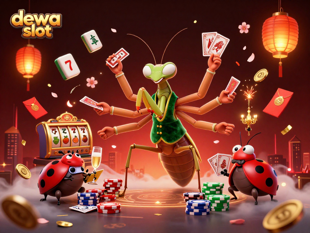 Experience the excitement of dewa slot with a vibrant 3D cartoon illustration featuring a mantis dealer and lucky symbols of fortune.