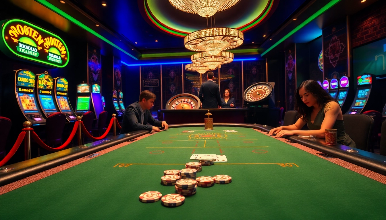 Players enjoying poker at HB88's upscale casino table, surrounded by vibrant slot machines.