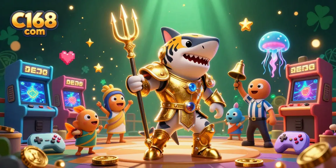 Experience thrilling gameplay at C168 com with a dynamic underwater casino scene featuring a golden tiger shark and colorful arcade elements.