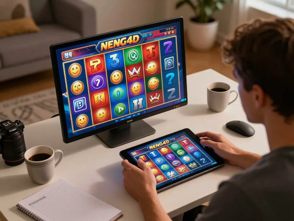 Engaging in NENG4D slot gameplay on a tablet in a cozy home setup.