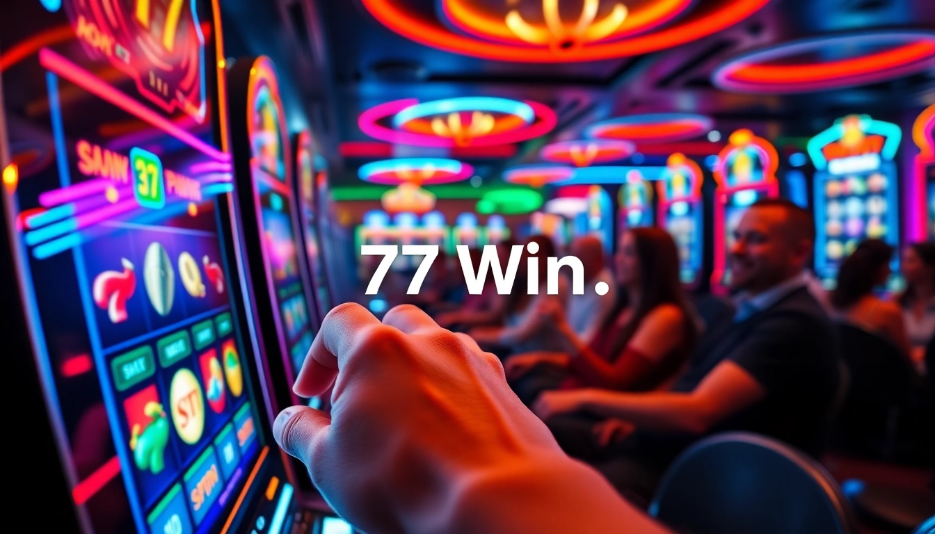 Experience the thrill of 77 win at an engaging online casino with vibrant slot machines and excited players.