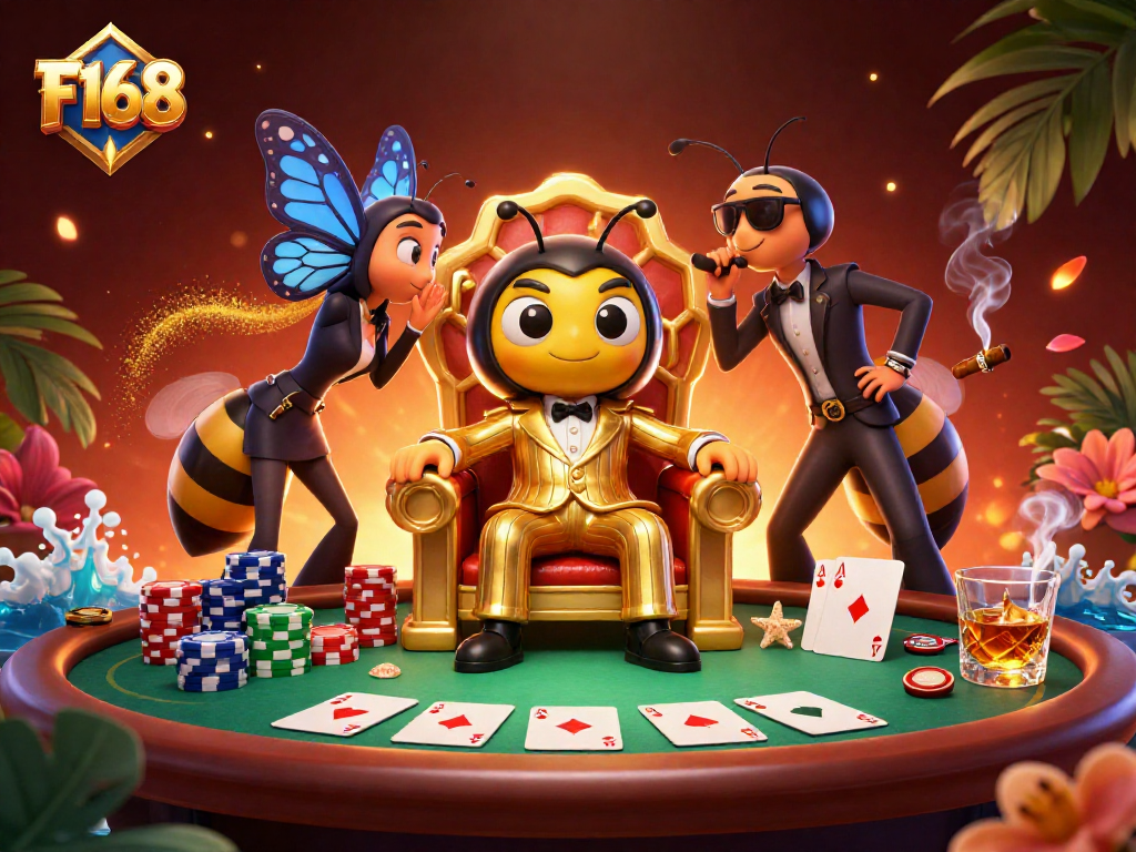 Engage with F168’s exciting gaming world featuring a mob boss and vibrant poker scene.