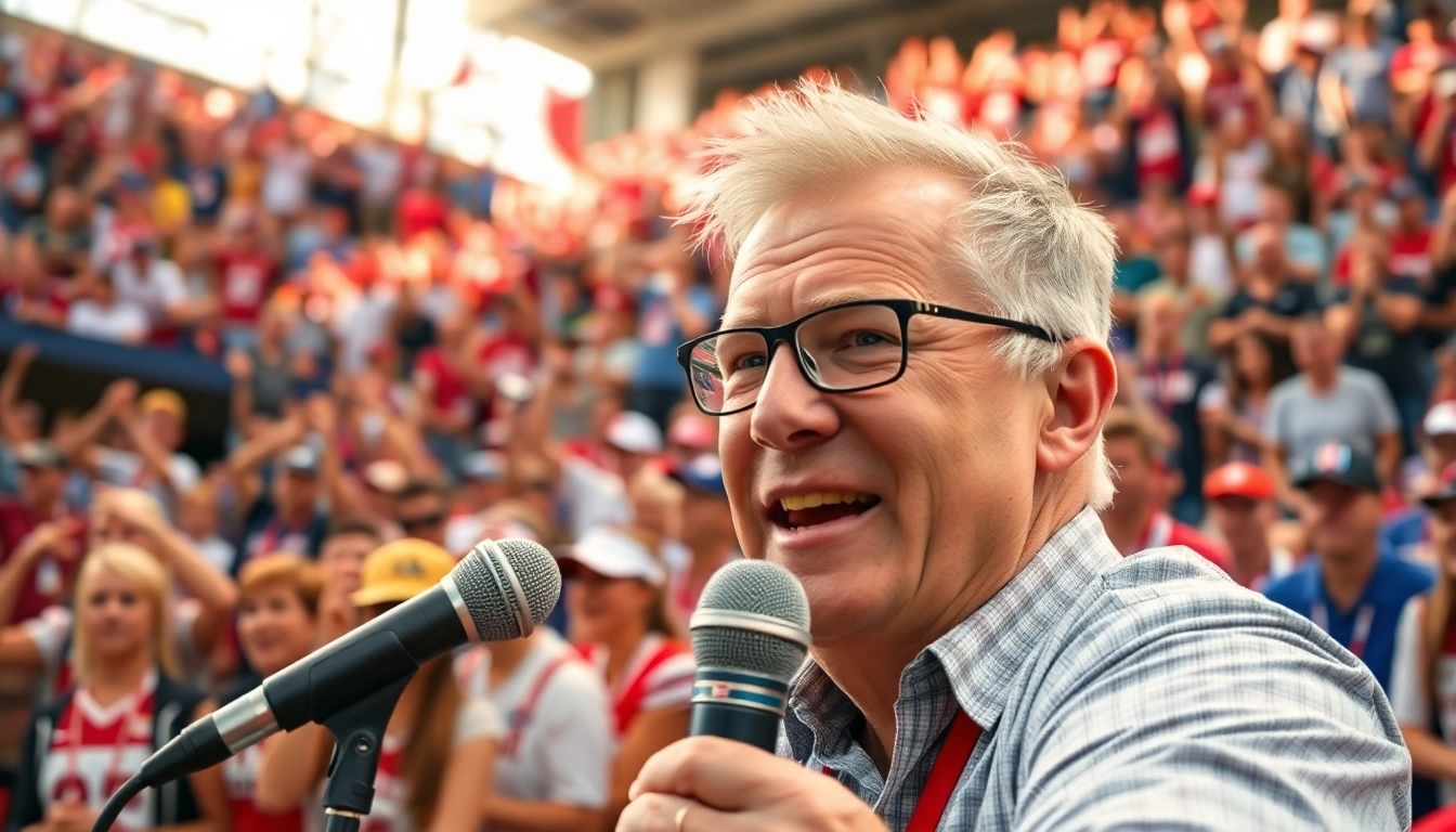 Sports Broadcasting live commentary from an energetic event with enthusiastic fans.
