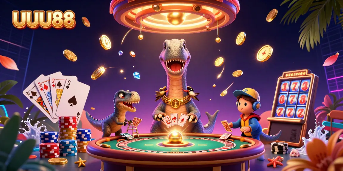 UUU88 Casino scene with a brontosaurus and clever raptor as they deal cards and celebrate winning.