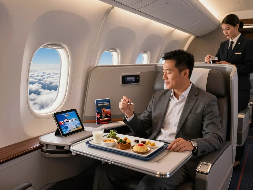 Passenger enjoying the luxurious Flagship Suite on American Airlines 789P Dreamliner with scenic views and gourmet meal.