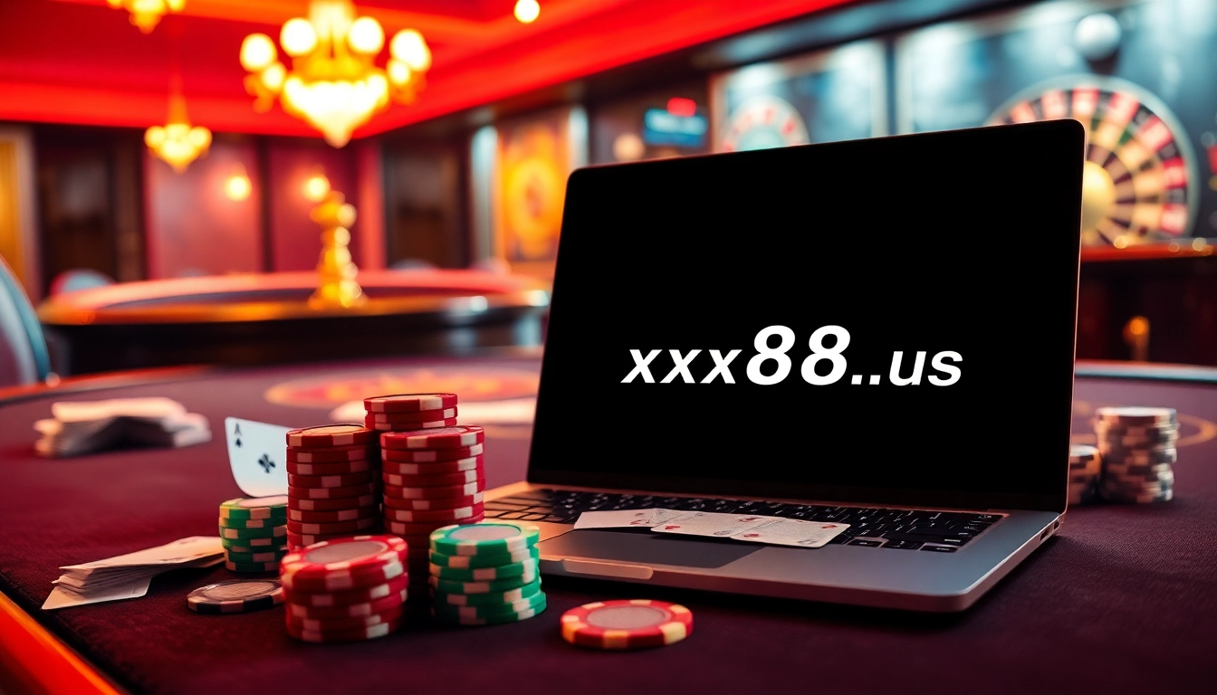 Engage with the thrilling atmosphere of gambling at https://xx88.us/ with vibrant poker chips and cards.