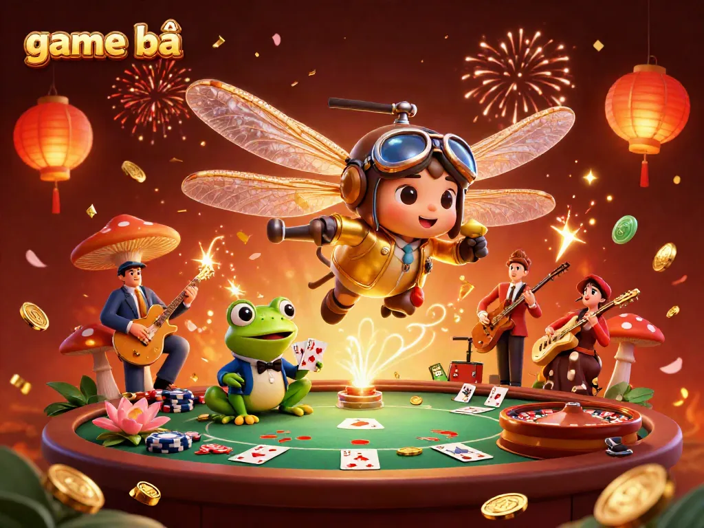 Engaging game bài scene showcasing a dragonfly pilot, frog croupier, and jazz musicians, surrounded by casinos.
