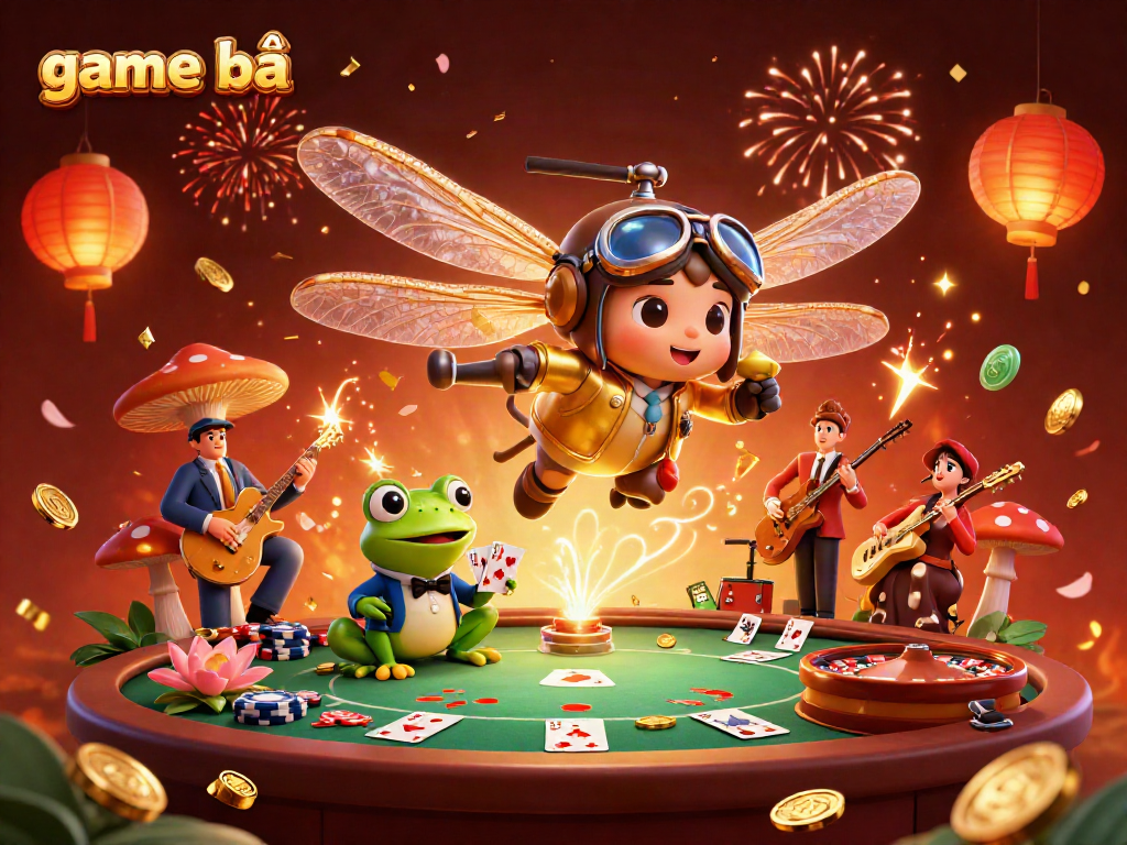 Engaging game bài scene showcasing a dragonfly pilot, frog croupier, and jazz musicians, surrounded by casinos.