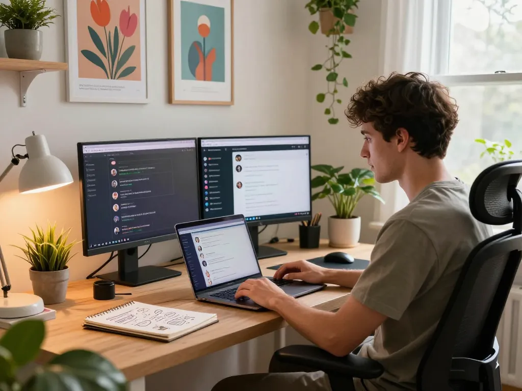 Person immersed in ai sex chat on laptop in a cozy home office setting.