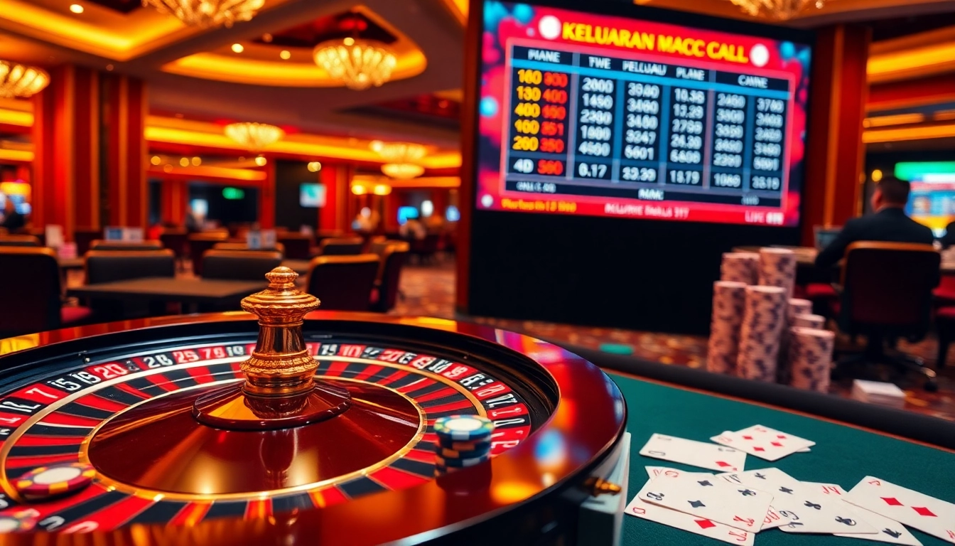 Keluaran Macau live draw results displayed prominently in an engaging casino scene filled with excitement.