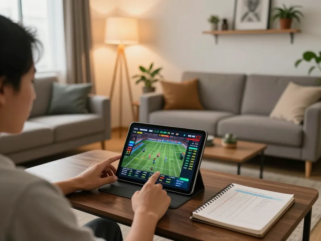 Person engaging in sports betting on RR88 while seated in a cozy home setup, showcasing strategy notes and live odds.