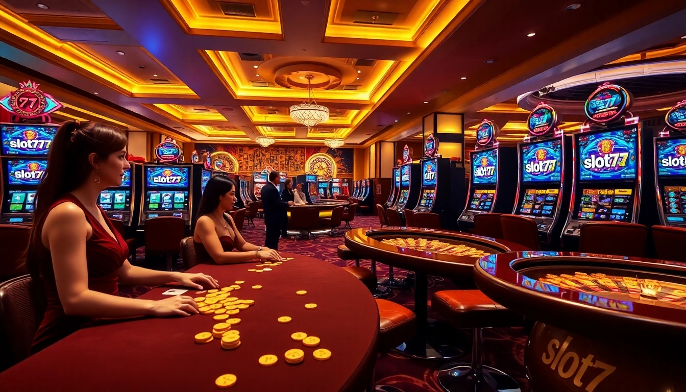 Players enjoying slot777 machines on a vibrant casino floor with golden poker chips.