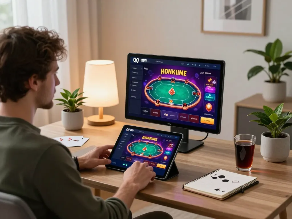 Engaging online poker gameplay using CM88 app in modern gaming setup with strategic notes.