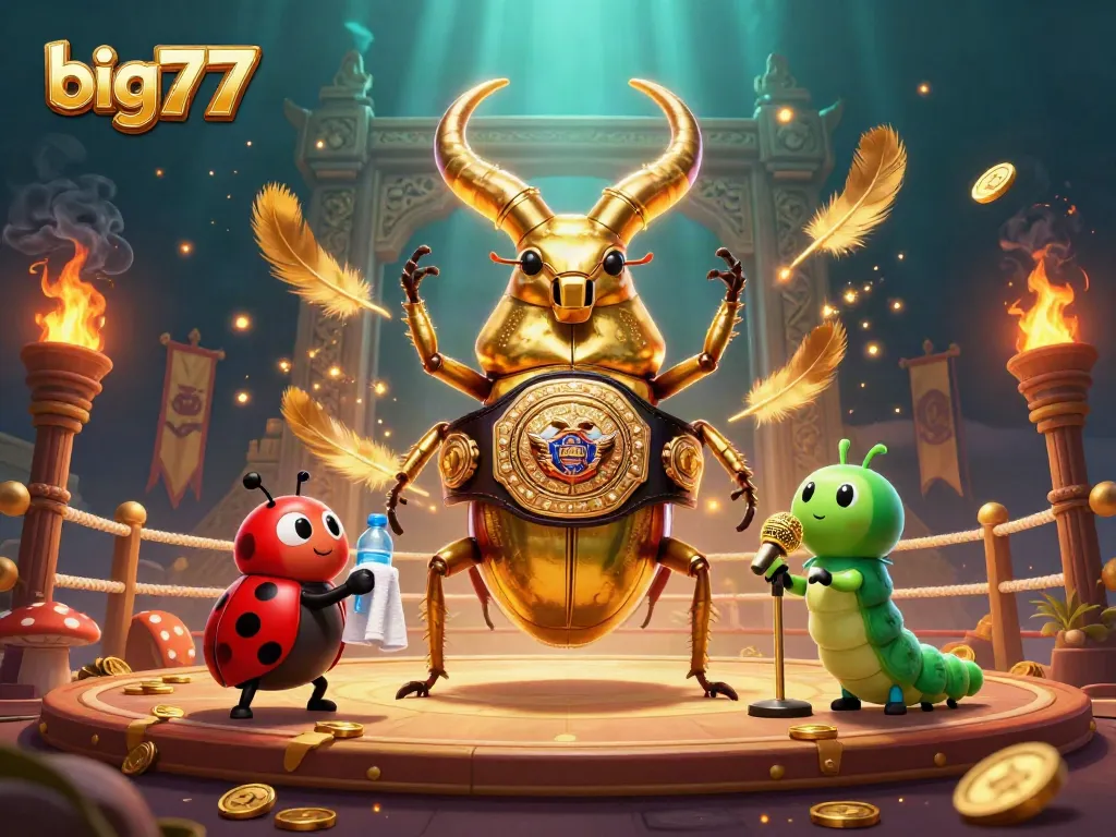 Experience big777 gaming excitement with a vibrant 3D illustration of a golden stag beetle in a lively casino scene.