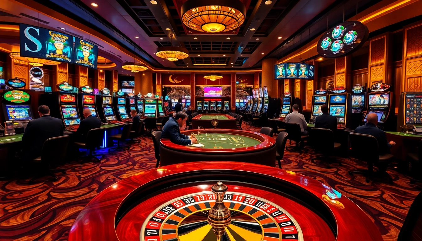 S8 casino vibrant atmosphere with players enjoying poker, slots, and roulette.