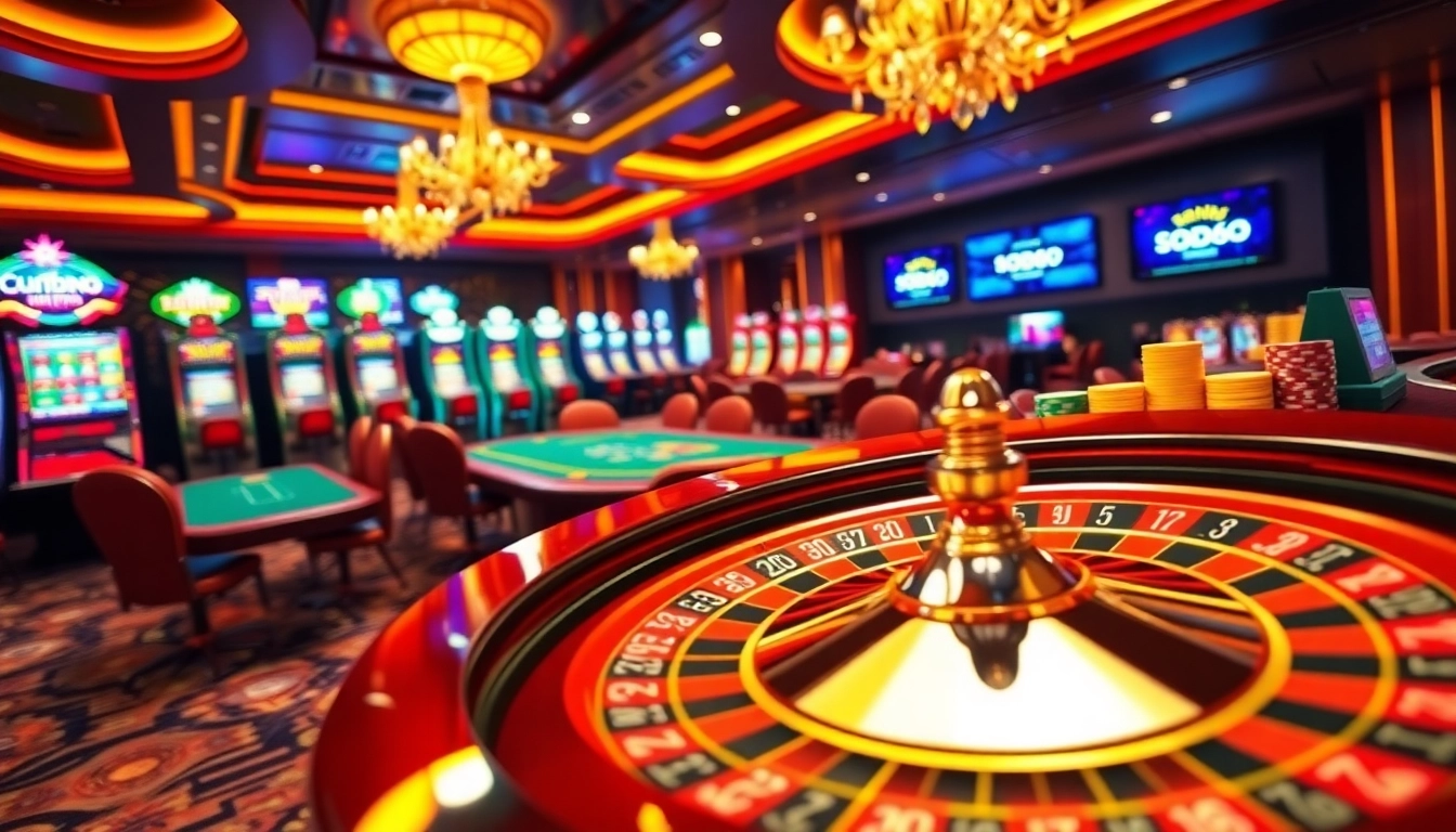 Experience the excitement of SODO66 with a luxurious casino setup featuring roulette, slot machines, and poker tables.