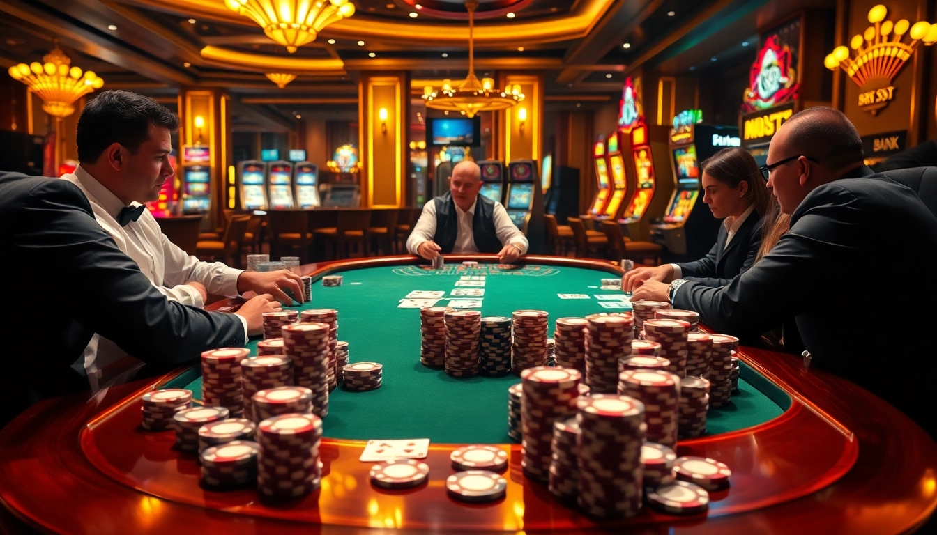 Players engaging in a high-stakes poker game at https://go99.institute/, showcasing vibrant chips and cards.