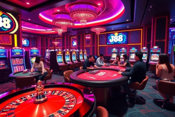 Gamblers placing bets at J88-themed slot machines in a luxurious casino setting.