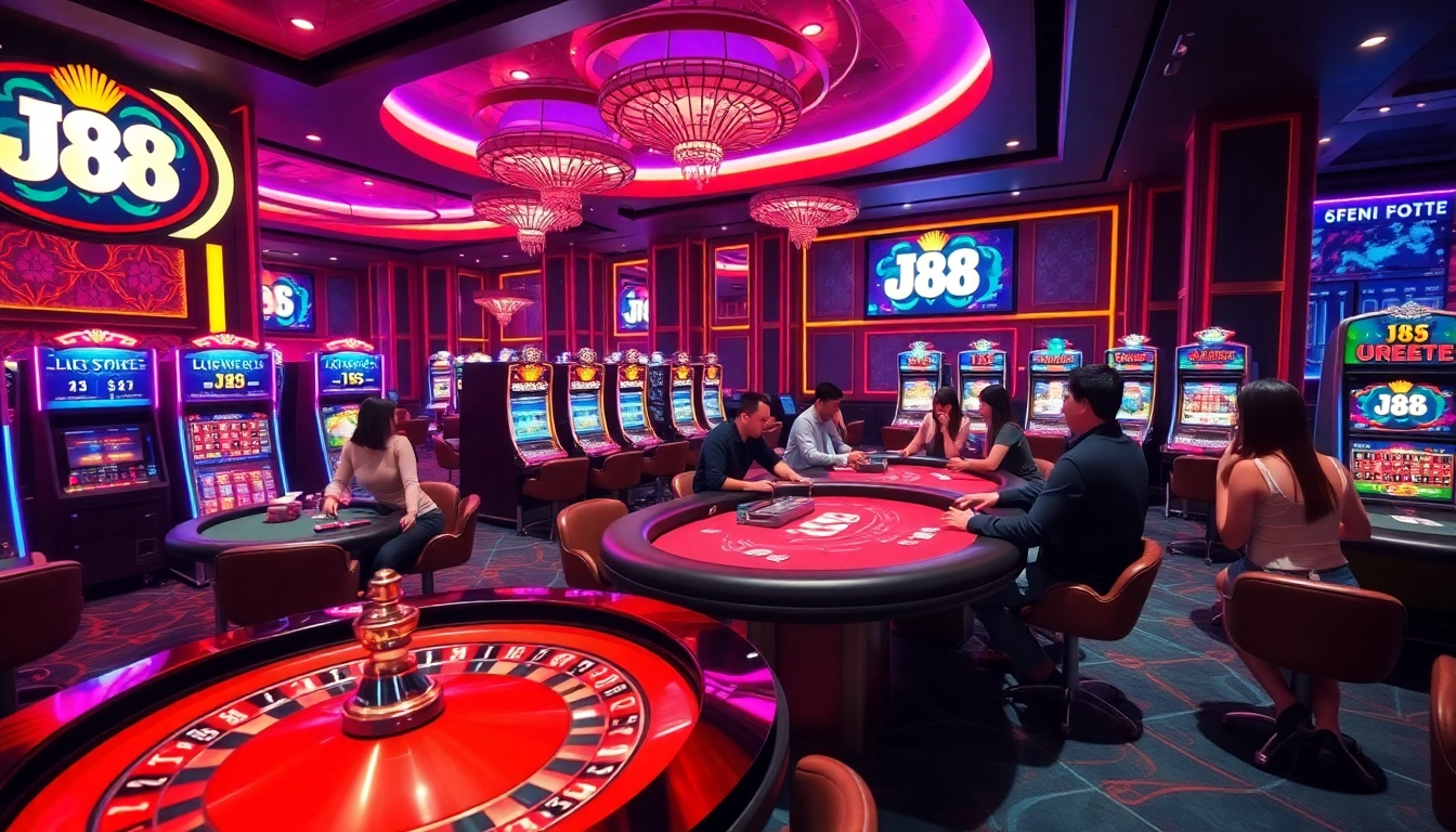 Gamblers placing bets at J88-themed slot machines in a luxurious casino setting.