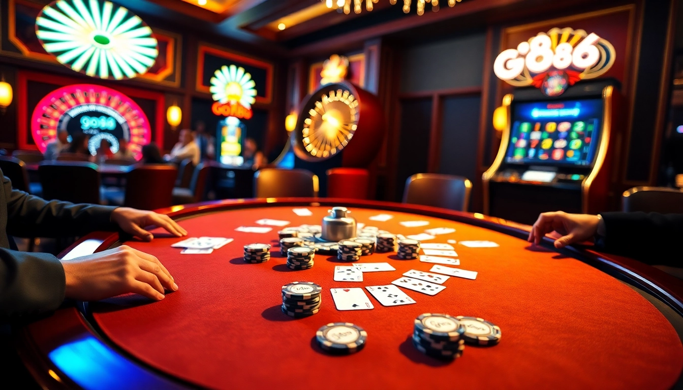 Experience the excitement of go88 at a vibrant casino table with poker chips and cards.