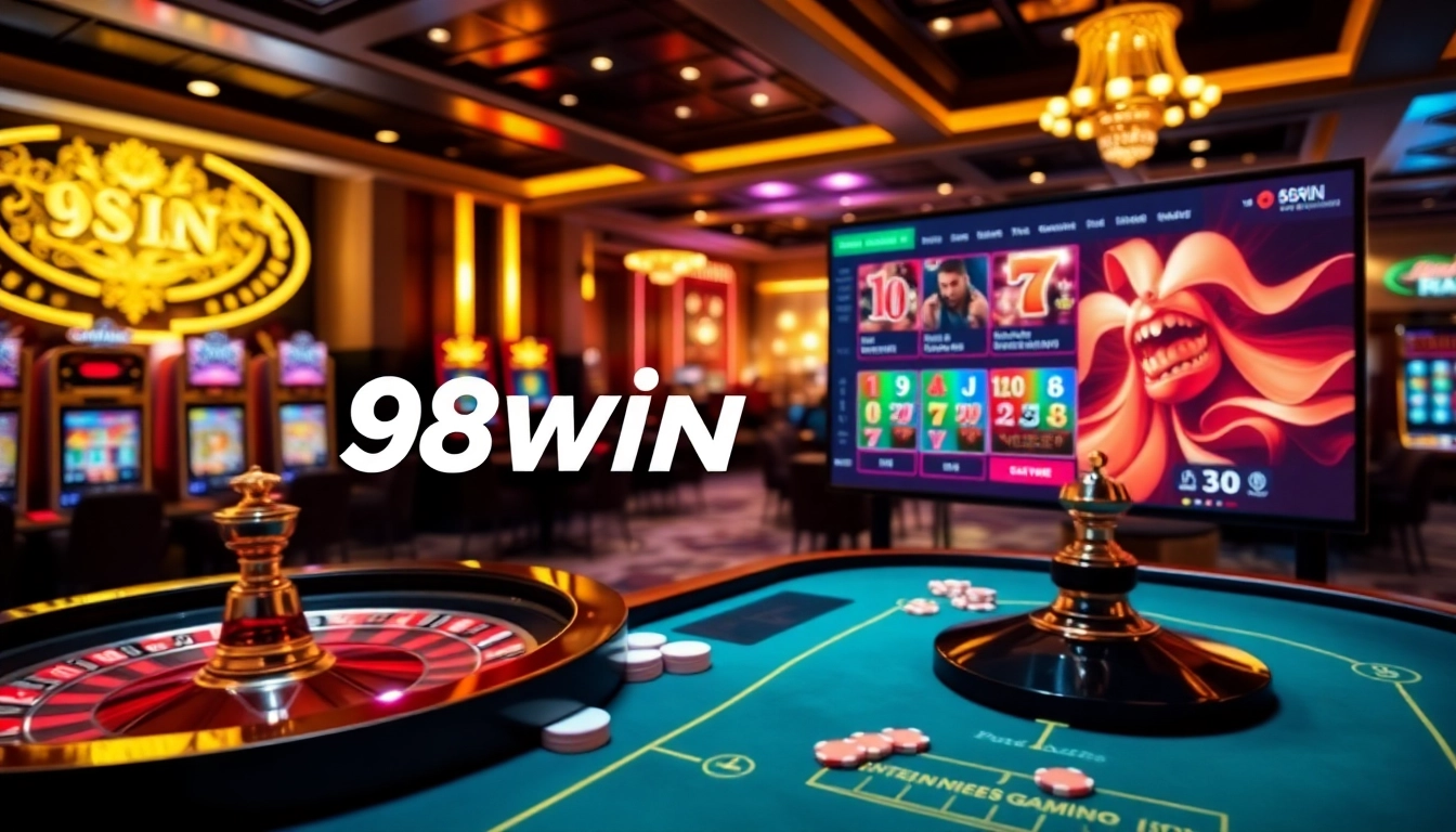 Experience the excitement of 98win trang chủ with vibrant casino tables, cards, and online gaming interfaces.