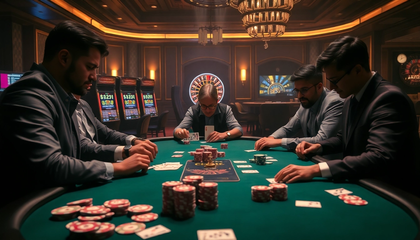 Experience hb88 excitement at a high-stakes poker table, showcasing intense players and vibrant casino atmosphere.