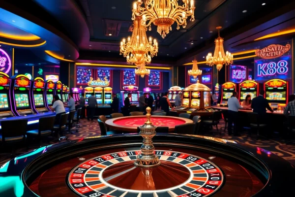 K88 players enjoying the excitement at a vibrant roulette table with colorful chips.