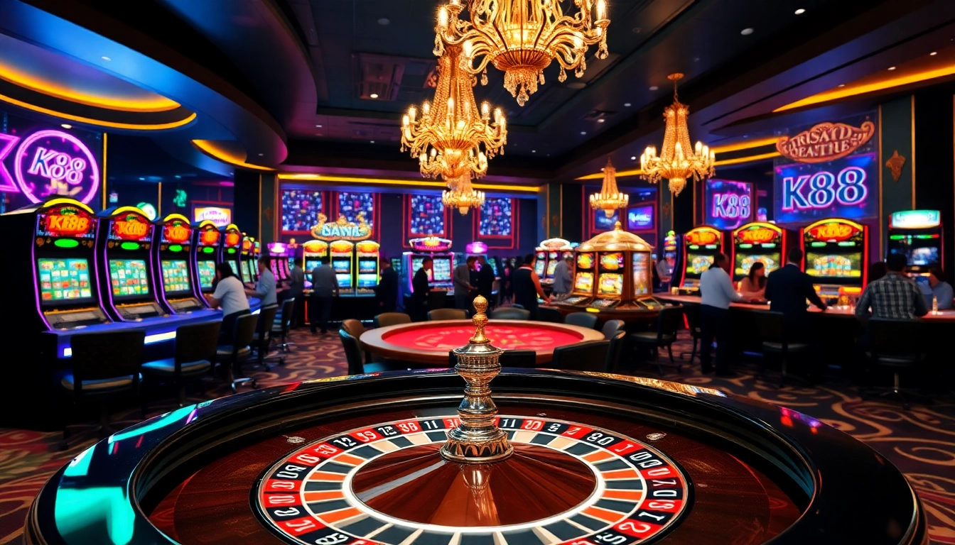 K88 players enjoying the excitement at a vibrant roulette table with colorful chips.
