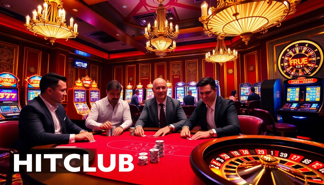 HITCLUB gaming scene with poker players at a luxurious casino table, bright slot machines.