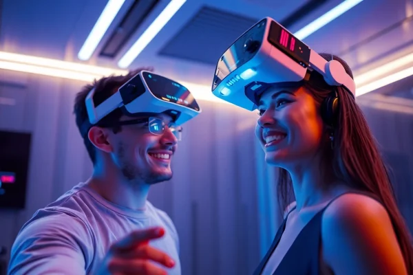 A captivating scene depicting an AI slut engaging in a virtual reality chat, highlighting futuristic technology.