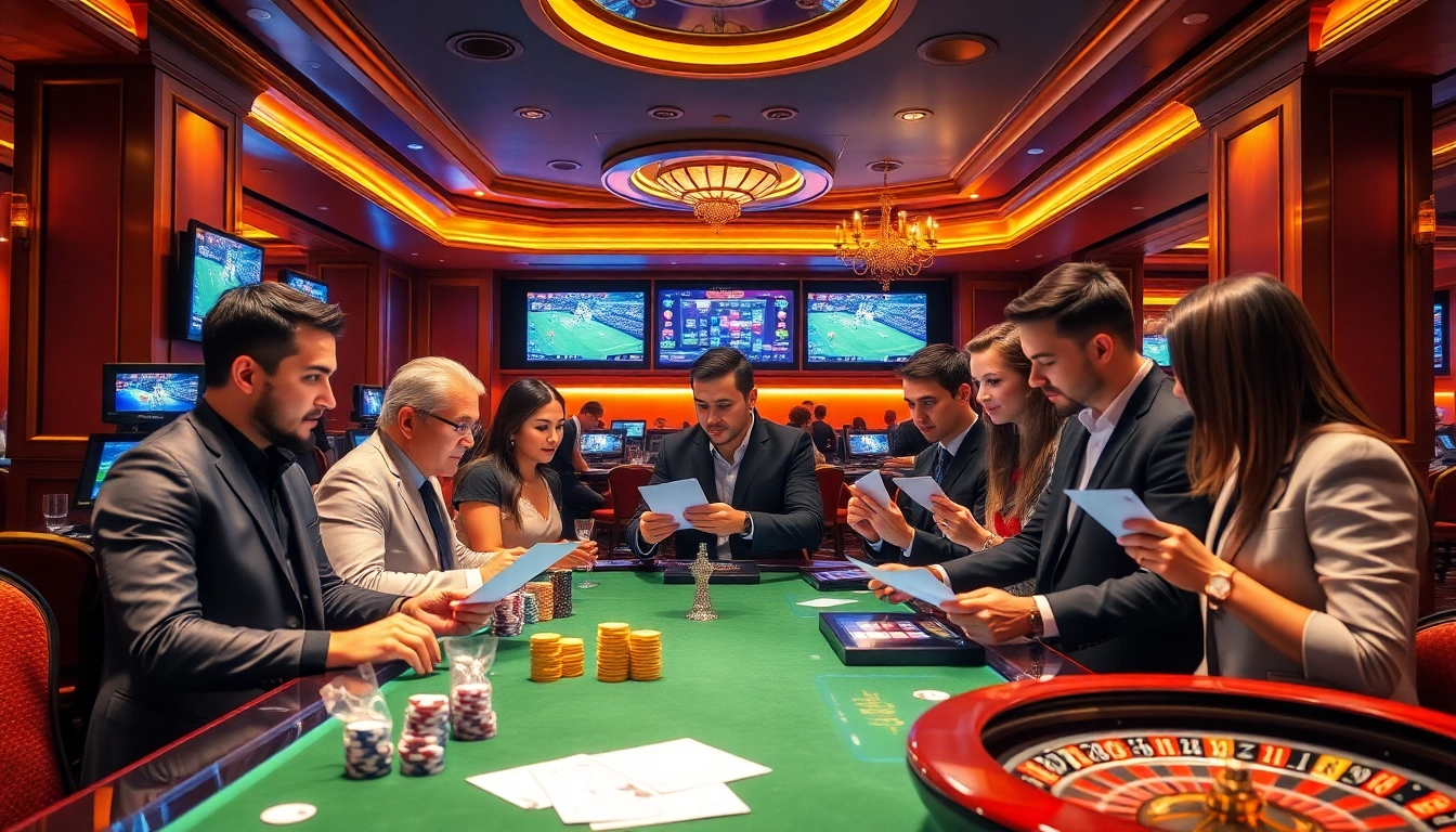 Excited bettors analyzing tỷ lệ cá cược bóng đá in a luxurious casino setting with betting terminals.