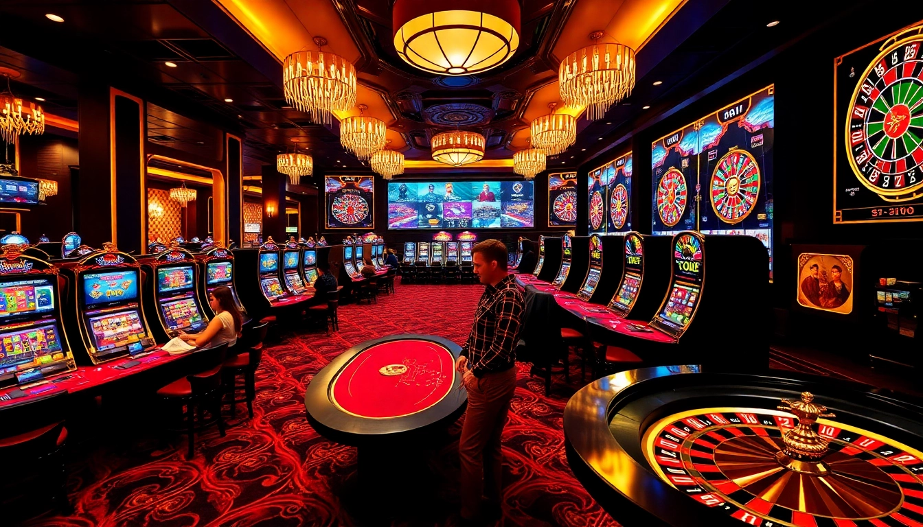 This vibrant casino scene showcases the excitement of online gambling at https://13win1.cn.com/, featuring poker tables and slot machines.