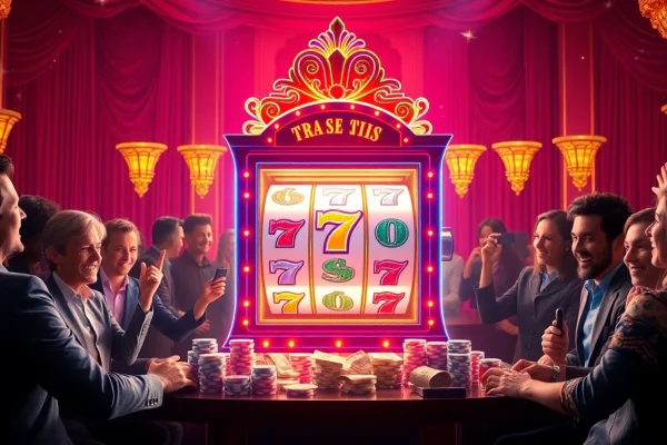 Players celebrating a win with an exciting slot bonus at a luxurious casino.