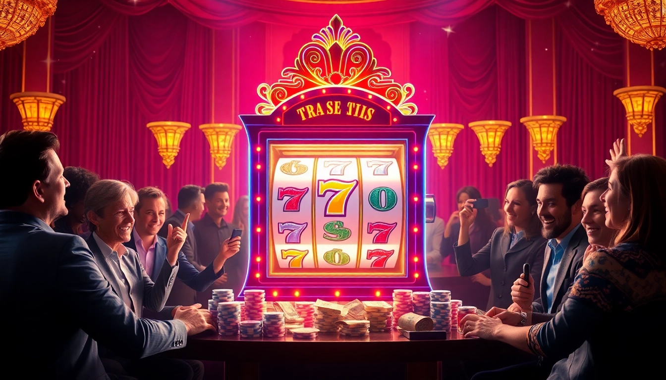 Players celebrating a win with an exciting slot bonus at a luxurious casino.