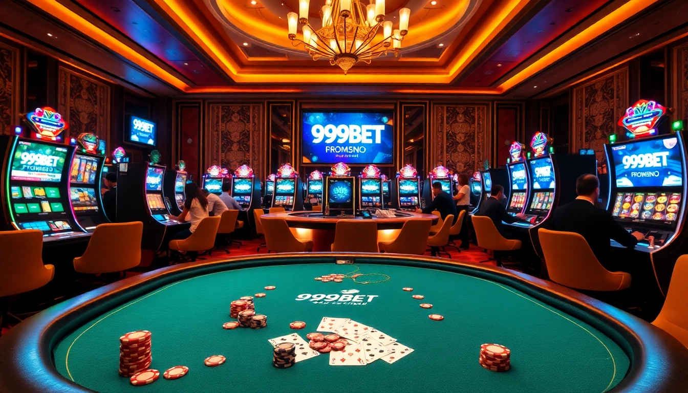 Engaging poker scene with 999BET branding showcasing vibrant slot machines and lively players.