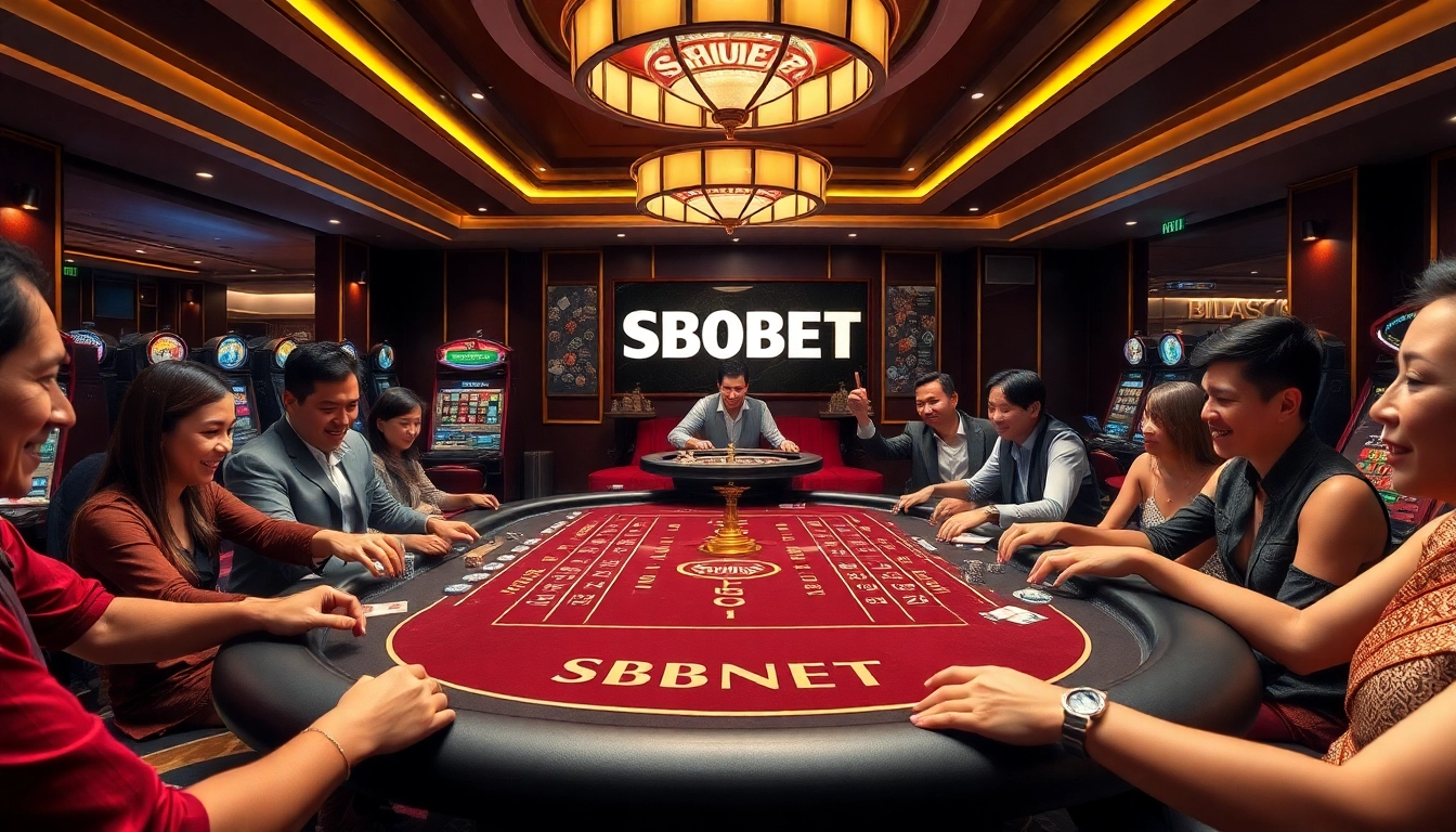 SBOBET players engaging in high-stakes gaming at a luxurious casino table.