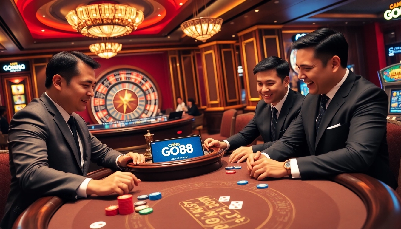 Experience the excitement at Cổng Game GO88 with vibrant casino visuals and thrilling gaming elements.