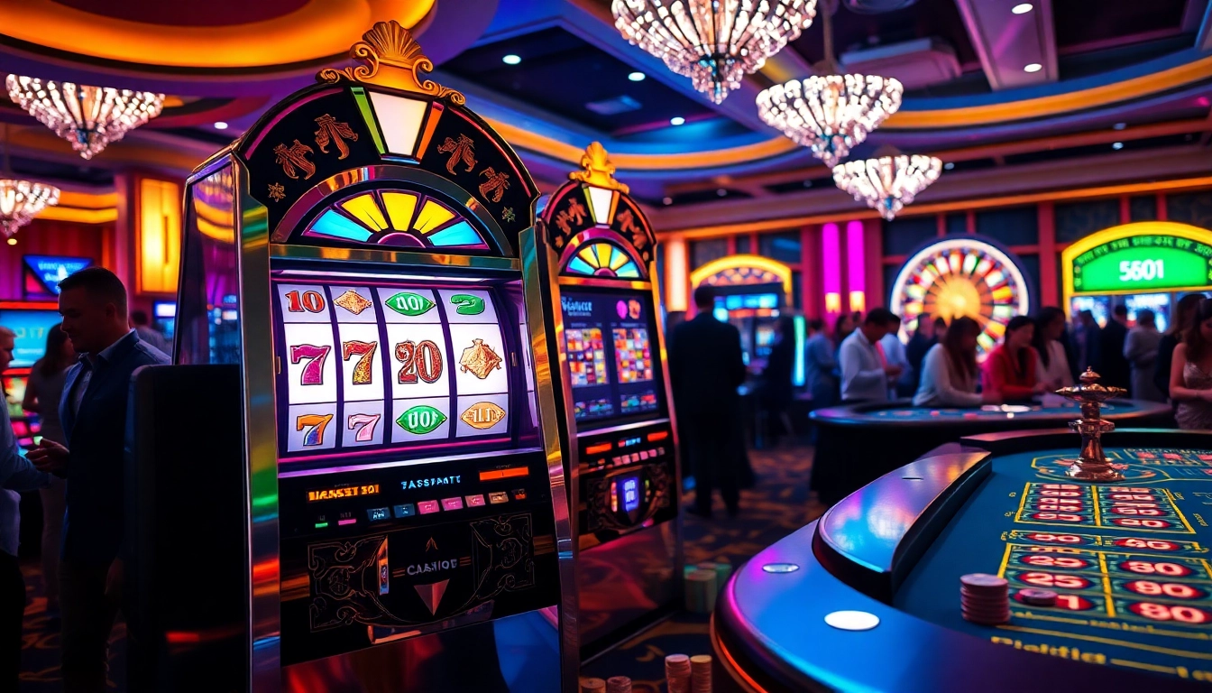 Players enjoying vibrant slot machines at a luxurious casino, highlighting exciting gameplay and jackpot wins.